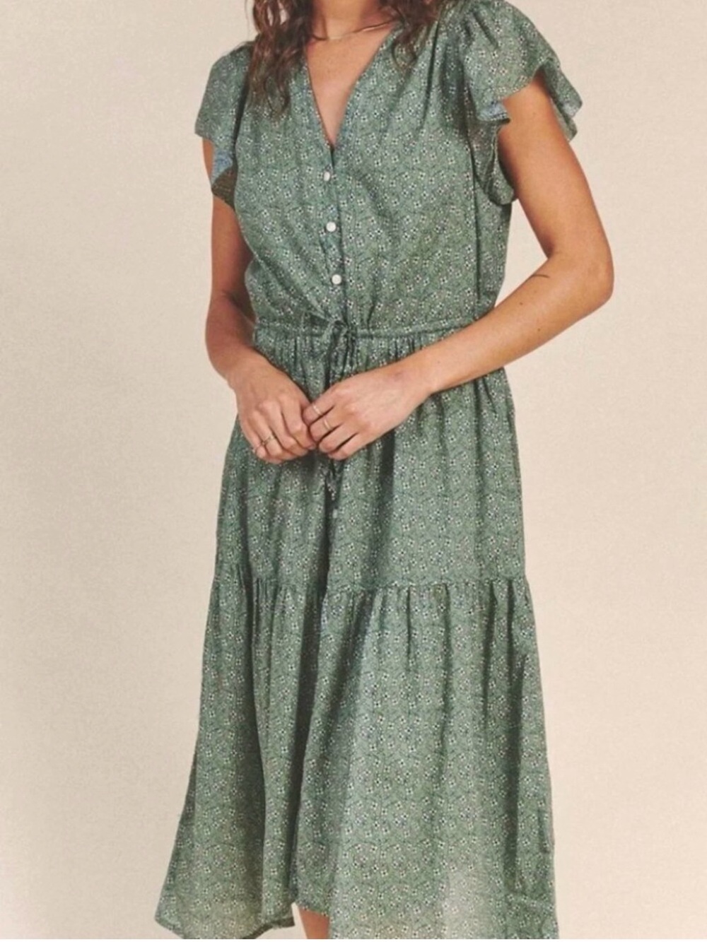 Trovata Birds of Paradis - Kristi DressSage Green Floral Button-Front Midi Dress